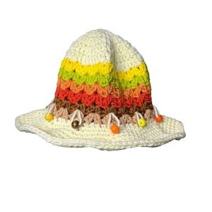 Handmade Crochet Bucket Hat Rainbow Stripes Beaded Trim Yellow Grandma Artsy